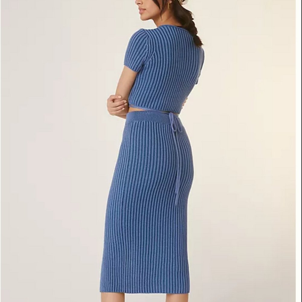 Anthropologie S NWT 2 Piece Blue Knit Midi Skirt Set Sweater Top Skirt - Picture 6 of 6